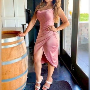 Women's Satin Slip Dress Cowl Neck slit Ruched Bodycon